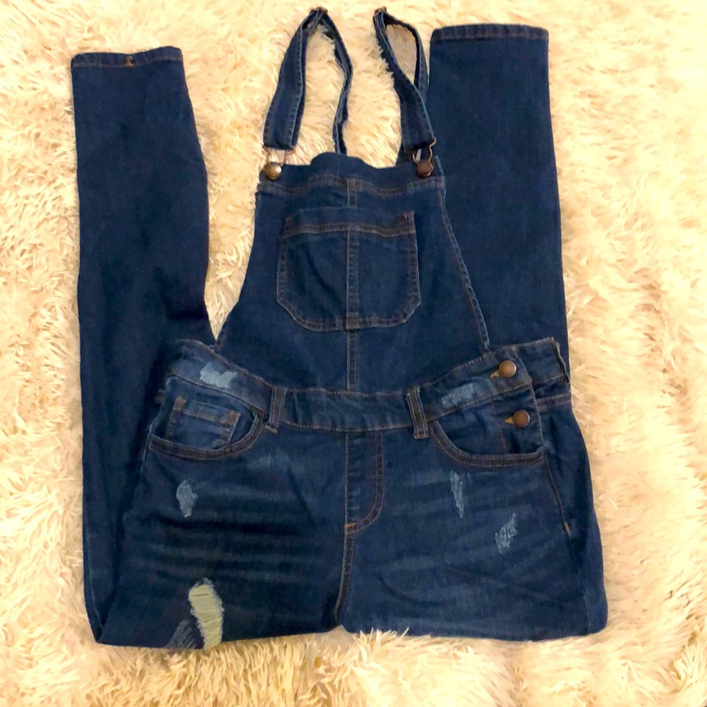 Dark blue distressed jean overalls